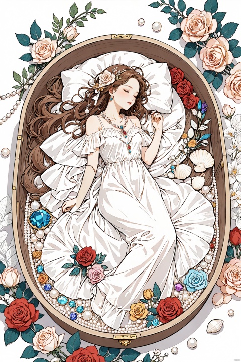 1girl, solo, long brown hair, sleeping, white dress, full body, bow, ribbon, jewelry, flower, lying, colorful flowers, necklace, white dress, flower around, rose, gem, beads, pearl \(gemstone\),in jewerly box, paleColor, line art, pearl_shell