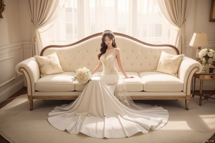  masterpiece, panorama,a girl, solo focus, perfcet body,long hair, light yellow wedding dress, sleeping in sofa, a delicate sitting room, a photo frame on the wall, velvet curtains, sofa in 
Gorgeous and warm style, ((carpet)) on the floor, 
Beautiful furniture,beautiful flowers, Overhead shot, weddingdress