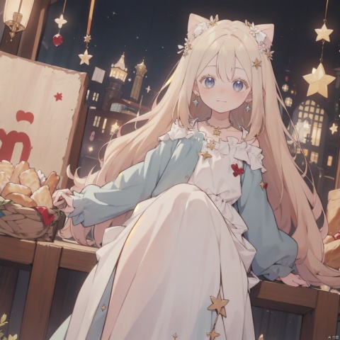  masterpiece, 4k,1girl, dance, Fairy, crystal, jewels,Holy Light, solo,looking at viewer, blush, bangs, hair ornament, hair between eyes, cat ear, jewelry, colorful, sitting beside bread basket, one hand up, fruits basket, closed mouth,smile, shy, long hair, earrings, choker, necklace, star \(symbol\), sleeves past wrists, puffy long sleeves, star hair ornament,angel, star earrings, necklace, long dress, ribbon, outside, city background, mLD, miji, nai3, Occupation_Therapists,Occupation_Therapists_pastor, Light master, Lolita, cozy anime,jewelry