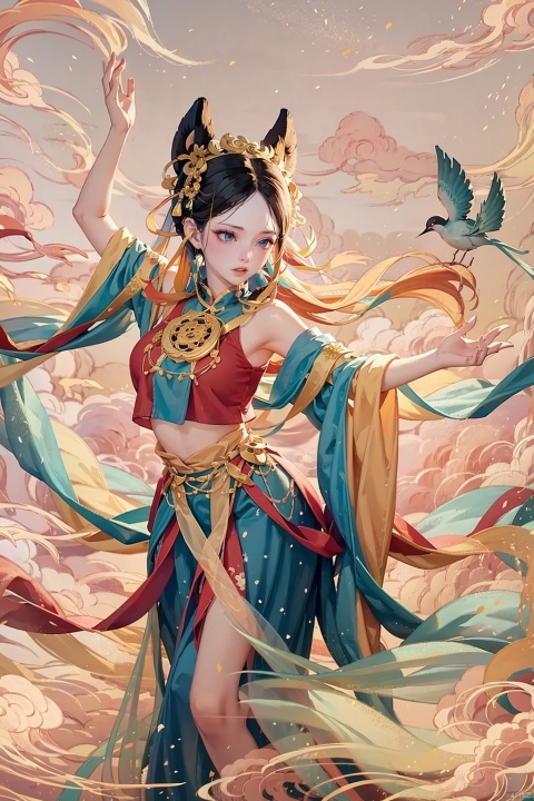  1girl, solo, surrounded by birds, In the center of the picture is a scroll of a beautiful girl, dressed in DUNHUANG_CLOTHS, with long hair cascading down to her waist, a beautiful face, and bright, mysterious eyes.

The girl flew out of the scroll, and her body was surrounded by colored light, giving a dreamlike feeling. She danced in the air, surrounded by colorful petals and auras. The scenery in the scroll also flies out with the girl, and the mountains, forests and streams merge together under the guidance of the fairy to form a wonderland full of magic and fantasy.

DUNHUANG_CLOTHS,CS_Jiangnan,guofeng, bird, lowers, mountain, fog, red carp, red sun, clouds,chinese style