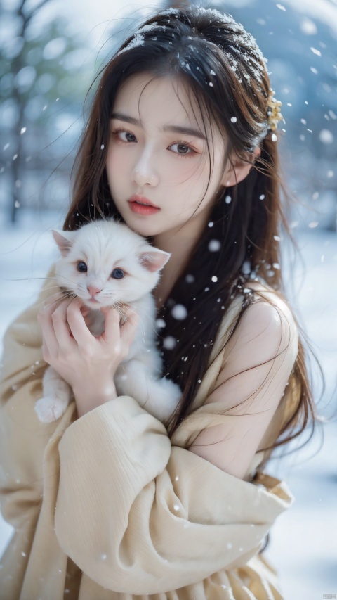 best quality,masterpiece, happy new year, 1 girl, solo, beautiful face, perfect skin, snow, holding cute animals in her arms, girl enjoying the happiness brought by the festival, colorful, goddess, xiqing, dofas
