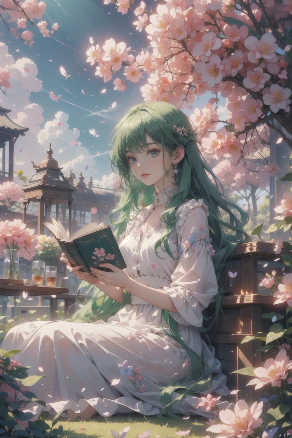  masterpiece,best quality,4k, panorama,a girls, solo focus, long green hair,  casual clothes,dress, earings, sitting on ground, under a tree, outside, reading a book, spring park, deep of field, children around, modern style, fruits, stuffed toys, ((carpet)) , beautiful flowers around her,Petals fluttered down from the sky,  spring,30710, cozy animation scenes