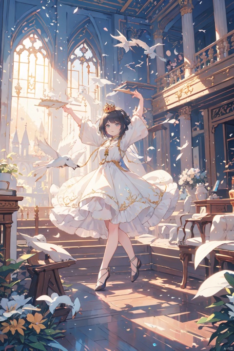  4k,intricate detail,wallpaper,absurdres,high resolution,ultra colorful art, ,depth of field,ray tracing,spectacular, old Renaissance age amusement,grand Circus,flying birds, dancing crowns, Parade in delicate dress, Frame, Magical Fantasy style, (\ji jian\), UIAXD5.0, cozy animation scenes