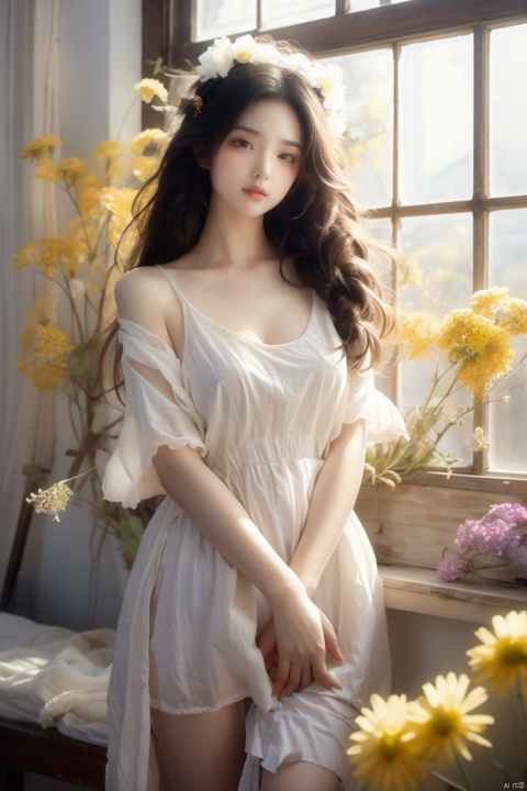  Enhanced, masterpiece, 16K, realistic, girl, solo focus, delicate face, long hair,Garland headdress, wearing black dress, diamond necklac, standing beside the window, surrounded by flowers, rape flower,perfect hands, huliya, windowsill, Ancient China_Indoor scenes, BAINV,  yifu, yuyao