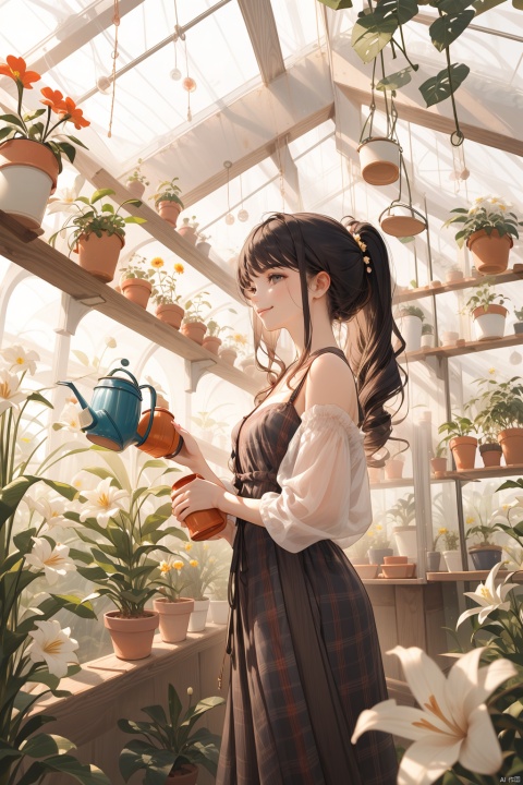  masterpiece, panorama,1 girl, solo_focus, long curly hair, double ponytail, smile, perfect body, delicate dress, hair ornament, with a watering can in her hands,the girl is watering the flowers,  a delicate greenhouse, glass roof, wood floors, deep of field, wooden shelves covered with potted plants, colorful flowers,lily of the valley, rose, daisy, lily,lavender, spring, flowers, backlight, mLD, Glass flower room, nai3, (\ji jian\)