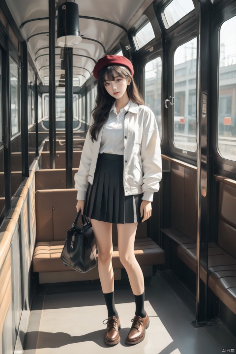  best quality, long hair, looking at viewer, blush, bangs, blue eyes, multiple girls, skirt, black hair, long sleeves, hat, holding, 2girls, standing, jacket, full body, pleated skirt, shoes, solo focus, bag, black shirt, bare legs, black headwear, beret, brown footwear, white jacket, ground vehicle, shoulderbag,traininterior,dundar