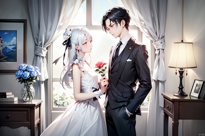  masterpiece, sharp focus, best quality, depth of field, cinematic lighting, a couple tied with spring ribbon, <:more_details:0.5>, the girl wear colorful dress, the girl looks shy, the boy wear suits, handsome face, strong male charm, cool expression, fantasy, ((poakl flower style)),beautifully decorated room,  colors, Stuffed toys,rose,coloured mini lanterns,