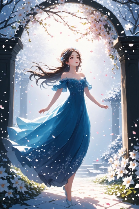  (masterpiece), (best quality), illustration, ultra detailed, depth of field, outside garden, a suspended girl, masterpiece,gradient background, best quality, star, floating flowers, 1 girl,looking away, Beautiful and meticulous eyes, middle breast, beautiful detailed,off shoulder, delicate dress, long hair, headband, earring, full body, raise hands up to catch the falling petals, extremely detailed wallpaper,intense shadows, cinematic lighting, depth of field,goddess of winter, painting, Dingdall effect