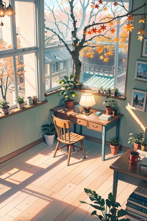  masterpiece, best quality, Best picture quality, best quality, official art, yinyou,
tongxin ,medium scene,indoor scene, floor-to-ceiling window (in the middle of the picture),in the window, a desk is placed across the window,A girl was writing on the table, books are placed on the desk, desk lamp (desk lamp is on) (warm light), green potted plants, background ,outside the window is yard, winter appearance, bare branches,the whole picture of warm orange light.