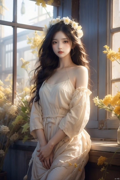  Enhanced, masterpiece, 16K, realistic, girl, solo focus, delicate face, long hair,Garland headdress, wearing delicate dress, diamond necklac, standing beside the window, surrounded by flowers, rape flower,perfect hands, huliya, windowsill, Ancient China_Indoor scenes, BAINV,  yifu