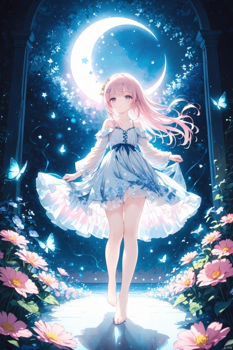  (masterpiece), (best quality), illustration, ultra detailed, hdr, Depth of field, a girl, full body, Magic,focus, masterpiece, solo, gradient background, summer, best quality, star, Through the mottled light and shadow of flowers, deep night, wind, flying flowers,colorful flowers, fireflies, crescent moon, 1 girl, pink long hair, Beautiful and meticulous eyes, small breast, beautiful detailed,off shoulder, beautiful dress, pink highlights, hairpin, long sleeves ,perfect hand, strong rim light, anime screenshot, bare feet, solo focus, extremely detailed wallpaper, Personage as the main perspective, intense shadows, cinematic lighting, depth of field, painting, girl, glow, lines, LU,Hazy light,Floodlight