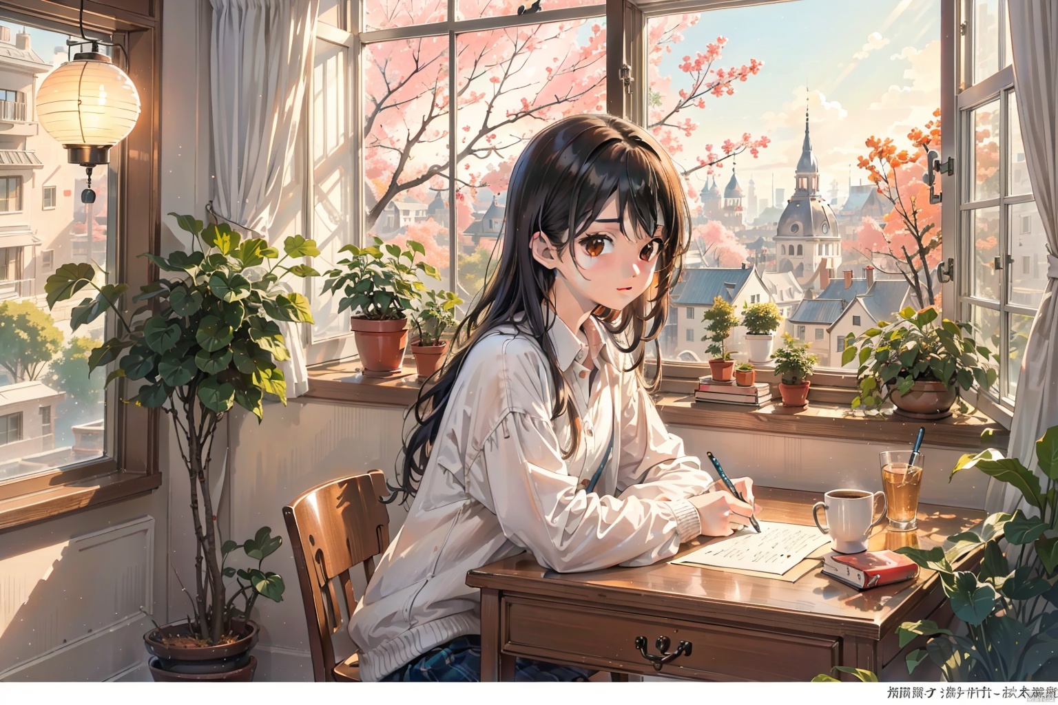  masterpiece, best quality, Best picture quality, best quality, official art, yinyou,
tongxin ,medium scene,indoor scene, floor-to-ceiling window (in the middle of the picture),in the window, a desk is placed across the window,A girl was writing on the table, books are placed on the desk, desk lamp (desk lamp is on) (warm light), green potted plants, background ,outside the window is yard, winter appearance, bare branches,the whole picture of warm orange light.