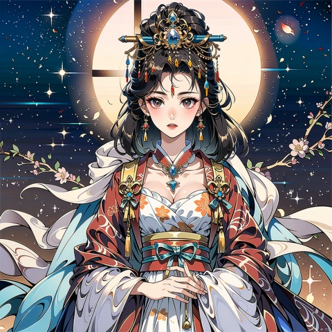  Masterpiece, best quality, very detailed, quality, delicate features, extremely detailed eyes, light art)
1 beautiful woman 18 years old, with loose black hair, delicate fair face, deep expression, wearing beaded hairpins, wearing delicate red high-necked hanfu, (white hanfu: 1.3, high neck: 1.2), squinting eyes, sitting on the bed, upper body displayed in front, facing the audience, noon