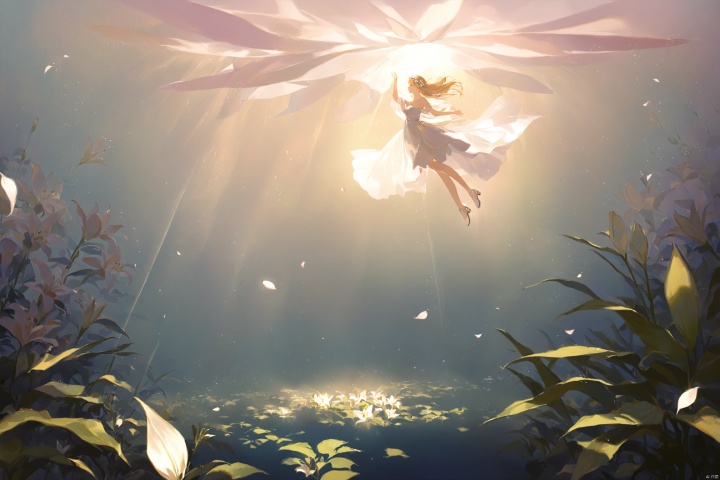  (masterpiece), (best quality), illustration, ultra detailed, depth of field, outside garden, a suspended girl, masterpiece,gradient background, best quality, star, floating flowers, 1 girl,looking away, Beautiful and meticulous eyes, middle breast, beautiful detailed,off shoulder, delicate dress, long hair, headband, earring, full body, raise hands up to catch the falling petals, extremely detailed wallpaper,intense shadows, cinematic lighting, depth of field,goddess of summer,rose,lily,Personage as the main perspective,  painting, Dingdall effect