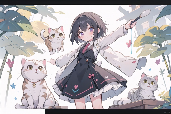 a girl wearing dress, short hair, holding 1cat with her arms,lovely,meloncat,suit,hand paint