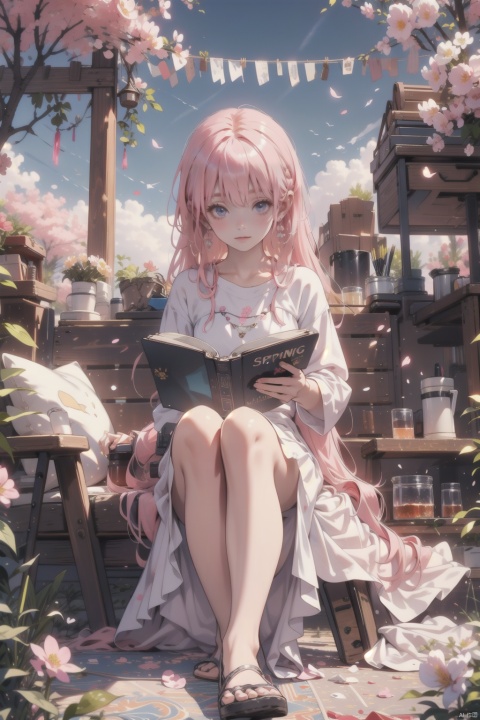  masterpiece,best quality,4k, panorama,a girls, solo focus, long pink hair,  casual clothes,dress, earings, sitting on ground, outside, reading a book, spring park, deep of field, children around, modern style, fruits, stuffed toys, ((carpet)) , beautiful flowers around her,Petals fluttered down from the sky,  spring,30710, cozy animation scenes
