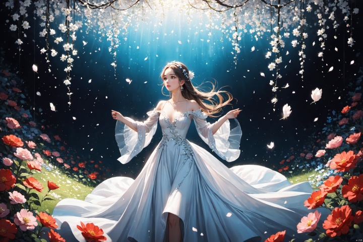  (masterpiece), (best quality), illustration, ultra detailed, depth of field, outside garden, a suspended girl, masterpiece,gradient background, best quality, star, floating flowers, 1 girl,looking away, Beautiful and meticulous eyes, middle breast, beautiful detailed,off shoulder, delicate dress, long hair, headband, earring, full body, raise hands up to catch the falling petals, extremely detailed wallpaper,intense shadows, cinematic lighting, depth of field,goddess of winter, painting, Dingdall effect