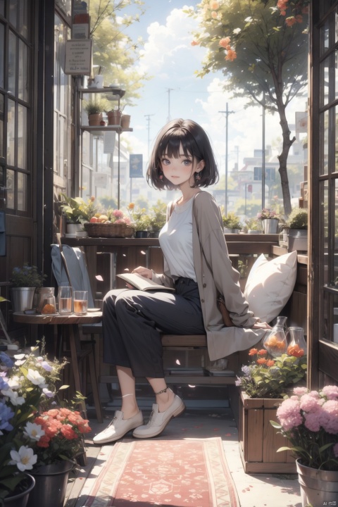  masterpiece, panorama,a girls, solo focus, short hair,  casual clothes, earings, sitting on ground, outside, reading a book, spring park, deep of field, children around, modern style, fruits, stuffed toys, ((carpet)) , beautiful flowers around her,Petals fluttered down from the sky,  spring,30710, cozy animation scenes, dundar