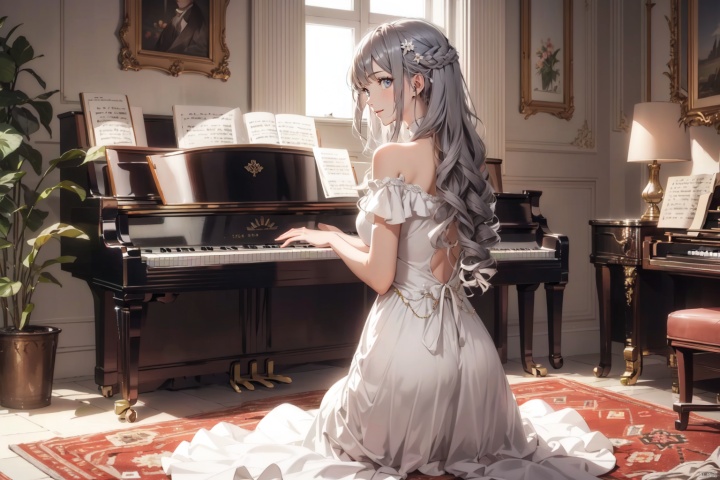  masterpiece, panorama,1 girl, solo, back, long curly hair, grey hair, happy face,perfect body, delicate dress, hair spin, ((play piano)), (sit in Piano Stool), a delicate sitting room, deep of field, a photo frame on the wall, velvet curtains, sofa in modern minimalist style, stuffed toys on the floor,((carpet)) on the floor,  summer night, flowers, backlight, mLD, cozy anime, dress