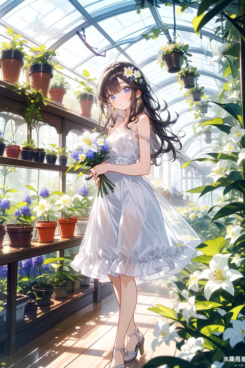  masterpiece, panorama,1 girl, solo_focus, long curly hair, cool expression, perfect body, delicate dress, hair ornament, Holding a bunch of flowers,  a delicate greenhouse, glass roof, wood floors, deep of field, wooden shelves covered with potted plants, colorful flowers,lily of the valley, rose, daisy, lily,lavender, spring, flowers, backlight, mLD, Glass flower room, nai3, (\ji jian\), cozy anime