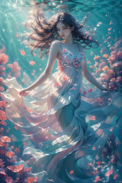  masterpiece, soft light, solo focus, under water,  surrounded by beautiful flowers and fishes,long hair wave in the water, delicate face, the picture was warm and quiet., 1girl, sdmai, tm, lvshui-green dress, ((poakl))