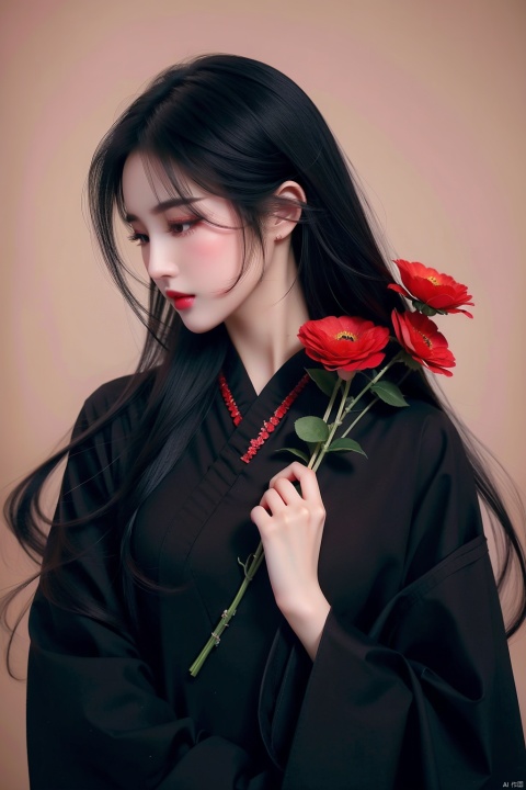1girl, solo,black hair,long hair, side face, closed mouth,flower,eyelashes, make up,depth of field, tranditonal clothes, holding flowers, fdjz, liuyifei