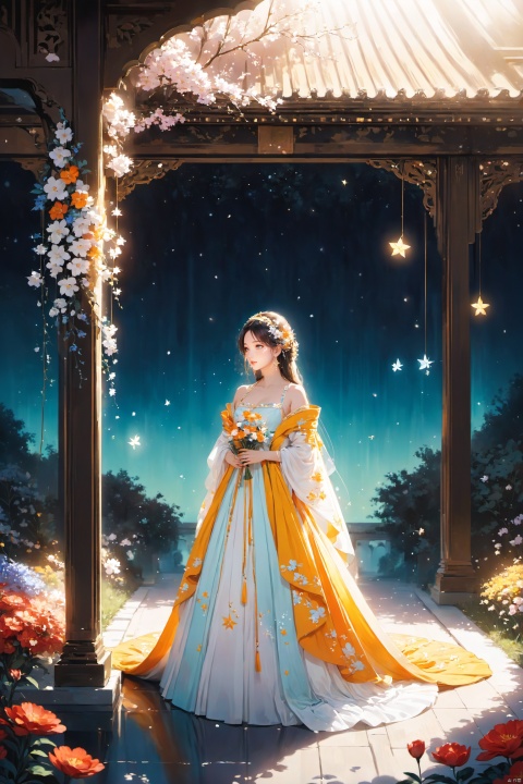  (masterpiece), (best quality), illustration, ultra detailed, depth of field, outside garden, a suspended girl, masterpiece,gradient background, best quality, star, floating flowers, 1 girl,looking away, Beautiful and meticulous eyes, middle breast, beautiful detailed,off shoulder, delicate dress, long hair, headband, earring, full body, hands together, extremely detailed wallpaper,intense shadows, cinematic lighting, depth of field,goddess of spring, painting, Dingdall effect, arien_hanfu, glow