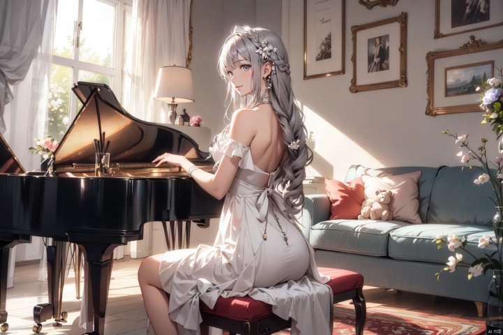  masterpiece, panorama,1 girl, solo, back, long curly hair, grey hair, happy face,perfect body, delicate dress, hair spin, ((play piano)), (sit in Piano Stool), a delicate sitting room, deep of field, a photo frame on the wall, velvet curtains, sofa in modern minimalist style, stuffed toys on the floor,glass bottles,((carpet)) on the floor,  summer holiday, flowers, backlight, mLD, cozy anime, dress