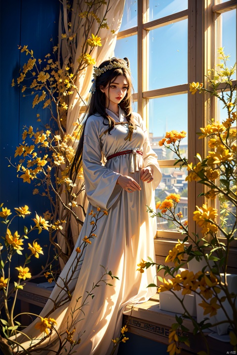  Enhanced, masterpiece, 16K, girl, Solo, delicate face, long hair,Garland headdress, wearing chinese dress, diamond necklac, standing beside the window, surrounded by flowers, rape flower,perfect hands, huliya, windowsill, Ancient China_Indoor scenes, BAINV, Houyue