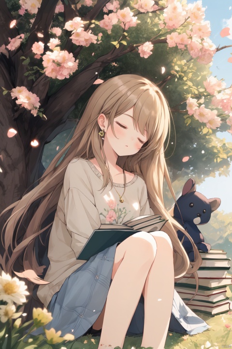  ( masterpiece,best quality),8k wallpaper, panorama,a girls, solo focus, long hair, casual clothes, earings, sitting on ground, under the tree, (dozing against a tree), ((close eyes)),sleeping, cool expression, outside, put hands by her side,  head tilted slightly to one side, spring park, deep of field, modern style,  books,fruits, stuffed toys, ((carpet)) , beautiful flowers, petals fluttered down from the sky, spring, Clear lines and bright colors,  mLD, 1girl, kahuka1
