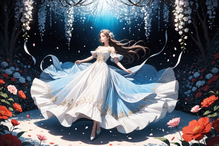  (masterpiece), (best quality), illustration, ultra detailed, depth of field, outside garden, a suspended girl, masterpiece,gradient background, best quality, star, floating flowers, 1 girl,looking away, Beautiful and meticulous eyes, middle breast, beautiful detailed,off shoulder, delicate dress, long hair, headband, earring, full body, raise hands up to catch the falling petals, extremely detailed wallpaper,intense shadows, cinematic lighting, depth of field,goddess of winter, painting, Dingdall effect