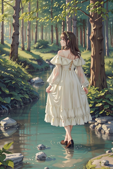 watercolor,  (masterpiece), (best quality), (illustration),(1girl:1.5),(solo:1.5), an extremely delicate and beautiful girl, cute,dress, Fairy tales, Robins, maidens walking in the forest, singing, light skirt, the goddess of spring,a little bird stand on the girl's shoulder, path made of stone, soft light, light passes through the trees, dundar,A forest stream, clear water, ((poakl))