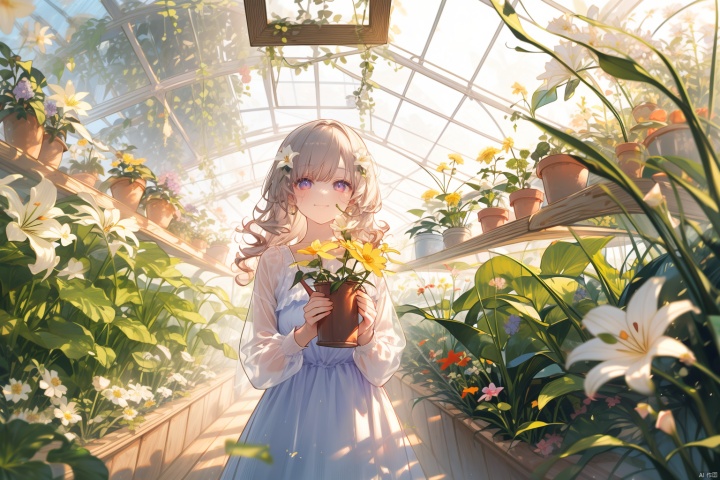 masterpiece, panorama,1 girl, solo, long curly hair, happy face,perfect body, delicate dress, long sleeves, hair ornament, with a watering can in her hands,the girl is watering the flowers,  a delicate greenhouse, glass roof, wood floors, deep of field, wooden shelves covered with potted plants, colorful flowers,lily of the valley, rose, daisy, lily,lavender, summer holiday, flowers, backlight, mLD, Glass flower room, nai3