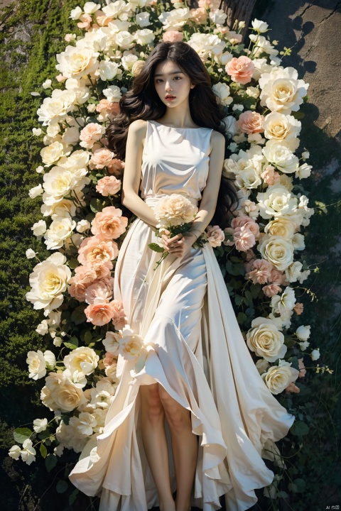   girl, solo, barefoot, black_hair, bouquet, brown_hair,middle_breasts,long dress, flower, grass, leaf, lying, on_back,outdoors, petals, plant, potted_plant, rose, white_dress, white_flower, white_rose, blue roses, pink roses, (/qingning/), jiqing, mtianmei, ((poakl)), huliya