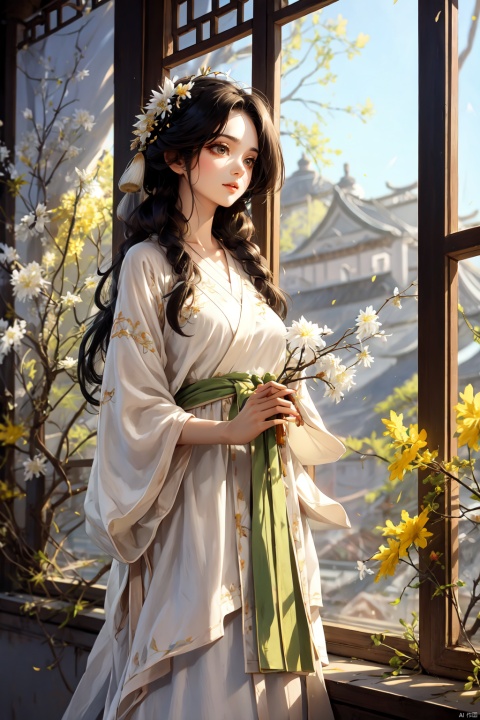  Enhanced, masterpiece, 16K, girl, Solo, delicate face, long hair,Garland headdress, wearing chinese dress, diamond necklac, standing beside the window, surrounded by flowers, rape flower,perfect hands, huliya, windowsill, Ancient China_Indoor scenes