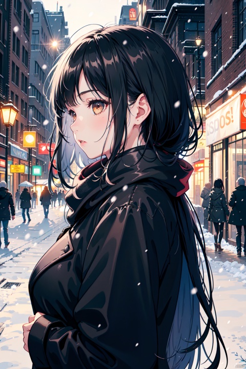  1girl, black_coat, black_hair, blurry, blurry_background, blurry_foreground, bokeh, city_lights, coat, depth_of_field, from_side, jacket, lens_flare, long_hair, long_sleeves, looking_away, motion_blur, outdoors, scarf, snow, snowing, solo, upper_body