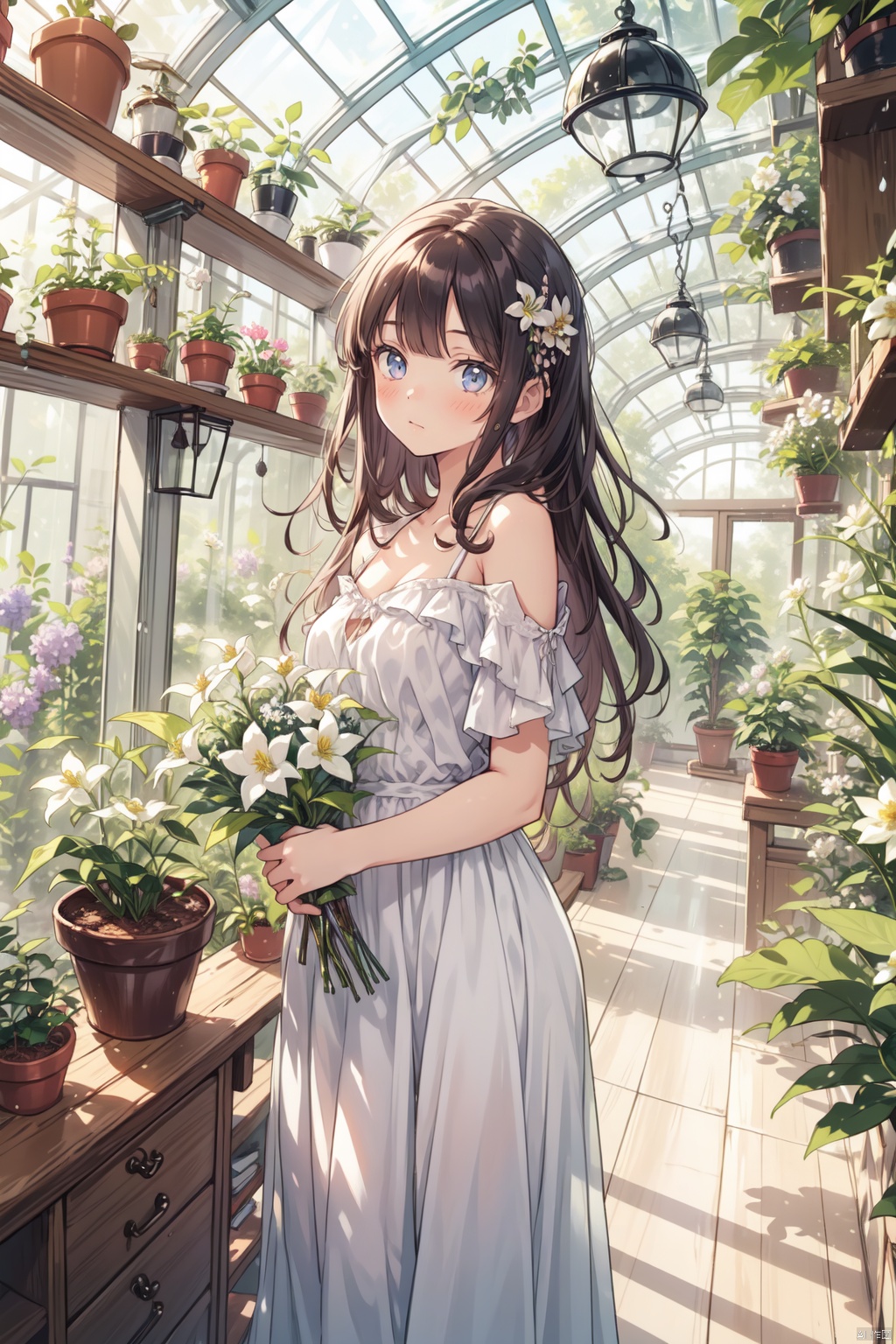  masterpiece, panorama,1 girl, solo_focus, long curly hair, shy expression, peace hand, perfect body, light blue dress,off shoulder,  beautiful lace decoration on dress, hair ornament, (Holding a bunch of flowers), a delicate greenhouse, glass roof, wood floors, deep of field, wooden shelves covered with potted plants, colorful flowers,lily of the valley, rose, daisy, lily,lavender, spring, flowers, backlight, mLD, Glass flower room, nai3, (\ji jian\), cozy anime