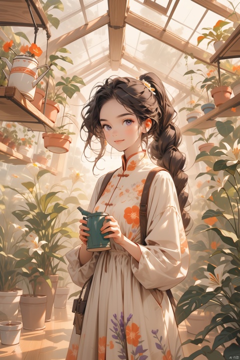  masterpiece, panorama,1 girl, solo_focus, long curly hair, double ponytail, smile, perfect body, delicate dress, long sleeves, hair ornament, with a watering can in her hands,the girl is watering the flowers,  a delicate greenhouse, glass roof, wood floors, deep of field, wooden shelves covered with potted plants, colorful flowers,lily of the valley, rose, daisy, lily,lavender, spring, flowers, backlight, mLD, Glass flower room, nai3, (\ji jian\)