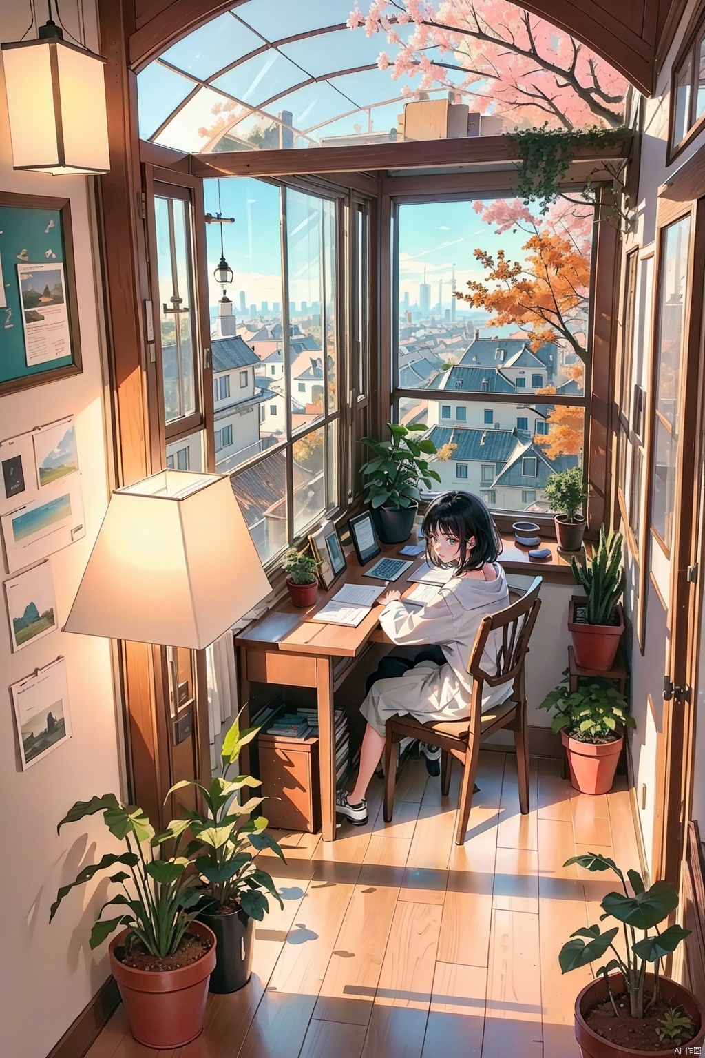  masterpiece, best quality, Best picture quality, best quality, official art, yinyou,
tongxin ,medium scene,indoor scene, floor-to-ceiling window (in the middle of the picture),in the window, a desk is placed across the window,A girl was writing on the table, books are placed on the desk, desk lamp (desk lamp is on) (warm light), green potted plants, background ,outside the window is yard, winter appearance, bare branches,the whole picture of warm orange light.