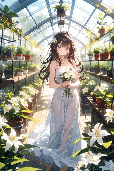  masterpiece, panorama,1 girl, solo_focus, long curly hair, cool expression, perfect body,long dress,beautiful lace decoration, hair ornament, Holding a bunch of flowers,  a delicate greenhouse, glass roof, wood floors, deep of field, wooden shelves covered with potted plants, colorful flowers,lily of the valley, rose, daisy, lily,lavender, spring, flowers, backlight, mLD, Glass flower room, nai3, (\ji jian\), cozy anime