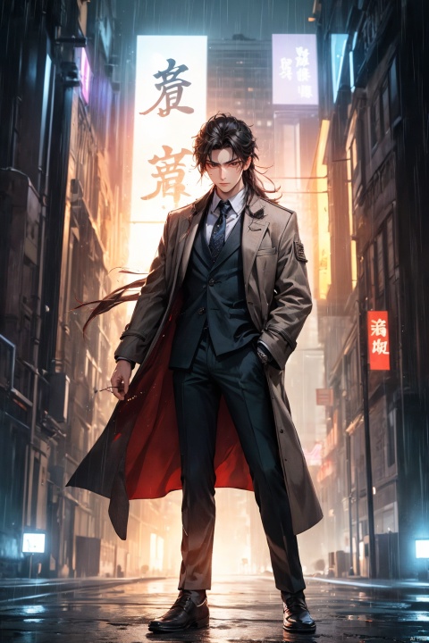  masterpiece,high quality, (boy), depth of field,soft light, young male,tall, solo, full body, perfect body, beautiful eyes,  long hair, detailed face description,handsome, secret agent, super spy, ((long legs)), (standing), brown suit, the coat draped over his arm, dark Flower tie, confident expression, photography, modern design, rain, depth of field, deep shadow,solo male,Wen Dao Sheng Zun,Multi energy text,1boy,Energy pairing, Cyberpunk Concept, Wen Dao Sheng Zun,Glowing Text
