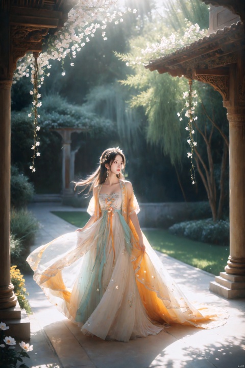  (masterpiece), (best quality), illustration, ultra detailed, depth of field, outside garden, a suspended girl, masterpiece,gradient background, best quality, star, floating flowers, 1 girl,looking away, Beautiful and meticulous eyes, middle breast, beautiful detailed,off shoulder, delicate dress, long hair, headband, earring, full body, hands together, extremely detailed wallpaper,intense shadows, cinematic lighting, depth of field,goddess of spring, painting, Dingdall effect, arien_hanfu, glow, 1girl