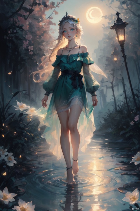  (masterpiece), (best quality), illustration, ultra detailed, soft light, Depth of wild field, a girl, fairy, full body, solo focus, masterpiece, gradient background, summer night, moon, best quality, star,wind, flying flowers,colorful flowers, fireflies,1 girl, long hair, Beautiful and meticulous eyes, wear crown of thorns, necklace, small breast, beautiful detailed,off shoulder, green dress,perfect hand,  bare feet, step in water, solo focus, extremely detailed wallpaper,cinematic lighting, girl, Hazy light,Floodlight,Purity Portait, Gauze Skirt, Light master