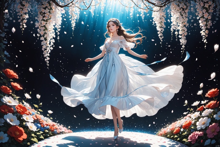  (masterpiece), (best quality), illustration, ultra detailed, depth of field, outside garden, a suspended girl, masterpiece,gradient background, best quality, star, floating flowers, 1 girl,looking away, Beautiful and meticulous eyes, middle breast, beautiful detailed,off shoulder, delicate dress, long hair, headband, earring, full body, raise hands up to catch the falling petals, extremely detailed wallpaper,intense shadows, cinematic lighting, depth of field,goddess of winter, painting, Dingdall effect