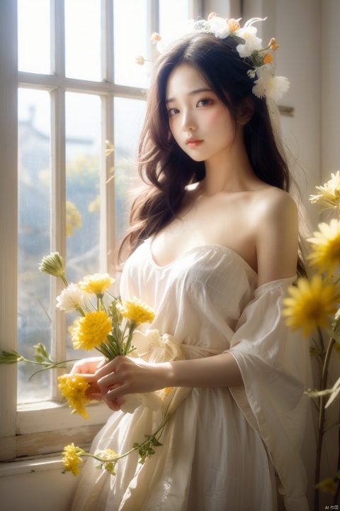  Enhanced, masterpiece, 16K, realistic, girl, solo focus, delicate face, long hair,Garland headdress, wearing black dress, diamond necklac, standing beside the window, surrounded by flowers, rape flower,perfect hands, huliya, windowsill, Ancient China_Indoor scenes, BAINV,  yifu, yuyao