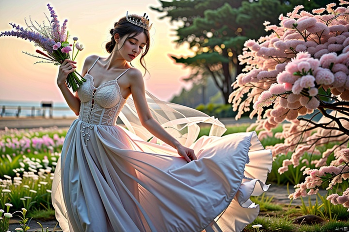  masterpieces, best quality, solo focus, a noble goddess of spring, wearing a beautiful long dress, deliacte face, smell the flowers, holding a branch of wild flowers, magic and mystery, simple background, wearing a crown of flowers, eluosi, TT