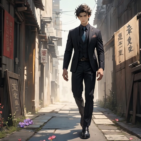 high quality, masterpiece,(((male))), depth of field, young man, solo, full body, growing eyes, ((short hair)), detailed face description,handsome male, long leg, Fashionable cloth,suit, Dark Flower tie,  
Metal Buckle Belt, confident expression, majestic environmental elements, Photography, modern design, depth of field, deep shadow,1boy,solo male,kemix, midjourney portrait, Wen Dao Sheng Zun, , suit,Multi energy text