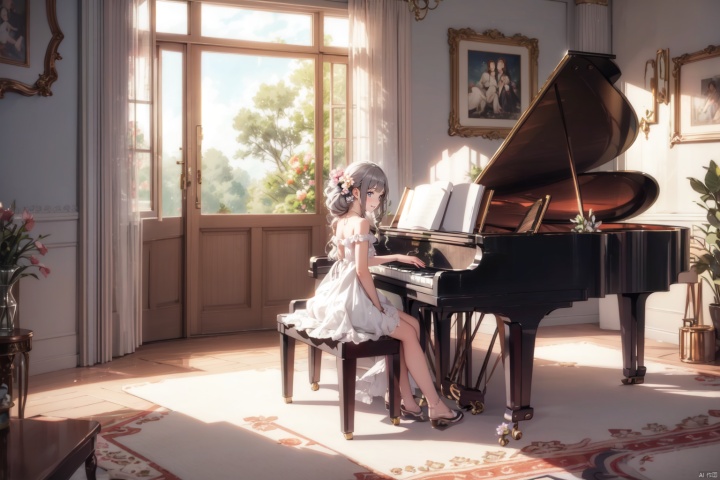  masterpiece, panorama,1 girl, solo, back, long curly hair, grey hair, happy face,perfect body, delicate dress, hair spin, ((play piano)), (sit in Piano Stool), a delicate sitting room, deep of field, a photo frame on the wall, velvet curtains, sofa in modern minimalist style, stuffed toys on the floor,glass bottles,((carpet)) on the floor,  summer holiday, flowers, backlight, mLD, cozy anime, dress