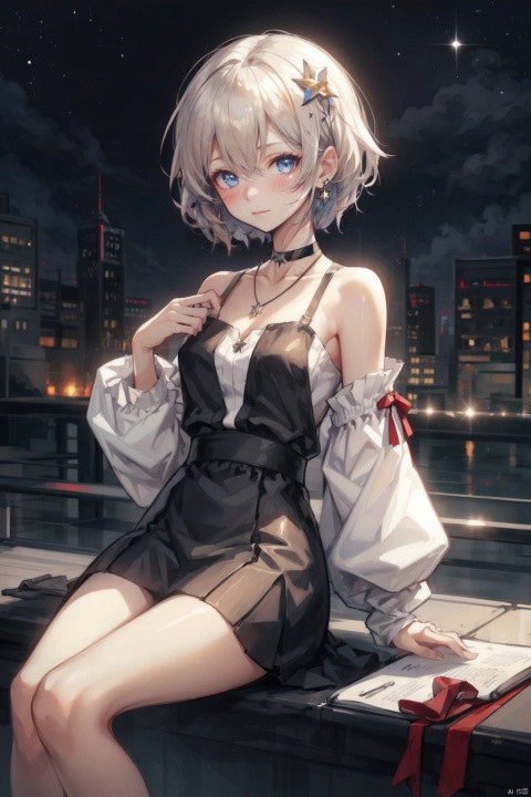  masterpiece, 4k,1girl, dance, Fairy, crystal, jewels,Holy Light, solo,looking at viewer, blush, bangs, blue eyes, hair ornament, long sleeves, hair between eyes, jewelry, sitting,  closed mouth, short hair, earrings, choker, necklace, star \(symbol\), sleeves past wrists, black choker,  puffy long sleeves, star hair ornament,angel, star earrings, necklace, skirt, ribbon, outside, city background, mLD, miji, nai3, Occupation_Therapists,Occupation_Therapists_pastor, Light master, Lolita