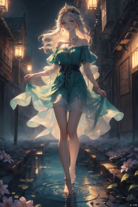  (masterpiece), (best quality), illustration, ultra detailed, soft light, Depth of wild field, a girl, fairy, full body, solo focus, masterpiece, gradient background, summer night, moon, best quality, star,wind, flying flowers,colorful flowers, fireflies,1 girl, long hair, Beautiful and meticulous eyes, wear crown of thorns, necklace, small breast, beautiful detailed,off shoulder, long green dress,perfect hand,  bare feet, step in water, solo focus, extremely detailed wallpaper,cinematic lighting, girl, Hazy light,Floodlight,Purity Portait, Gauze Skirt, Light master
